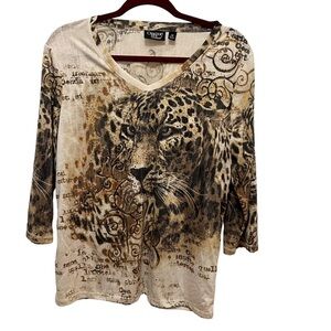Onque Casual Leopard Print V-Neck 3/4 Length Sleeve Top Size M
